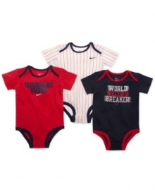 For your little MVP in training are these 3 sporty bodysuits by Nike.