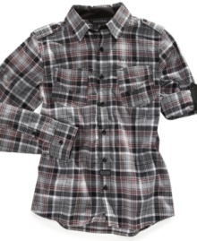 He'll look spiffy in this Sean John button down, with a classic plaid design and cool shoulder details.