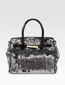 Channel old-Hollywood glamour in this sequined silk carryall finished with patent leather trim.Double top handles, 5¼ dropMagnetic top closureProtective metal feetOne inside zip pocketOne inside leather open pocketSatin lining11W X 13¼H X 6DImported