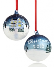 Model your home after the picturesque 2012 House ornament, featuring textured snow and shimmering detail in solid glass. Shown front and back.