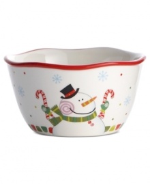 A treat in itself. The whimsical Sweet Twist bowl from Oneida features a snowman swirling with festive holiday color and clutching sugary treats.