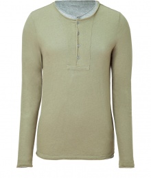 Stylish long sleeve t-shirt in fine, bi-color cashmere and cotton blend - Classically cool in olive and heather grey - Ultra-soft and lightweight - On-trend, double layer style with crew neck and button placket - Long and lean cut - A great basic ideal for layering or wearing solo - Pair with jeans and a blazer, chinos and sneakers or shorts and flip flops