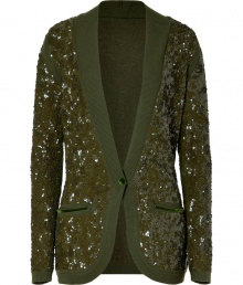 Shimmer into new season splendor in LWren Scotts allover sequined cashmere cardigan, exquisitely crafted with rich olive caviar beads - Ribbed knit shawl collar, long sleeves, ribbed knit cuffs and trim, velvet trimmed front slit pockets, single velvet button closure - Fitted - Pair with slim-fitting separates and streamlined leather accessories