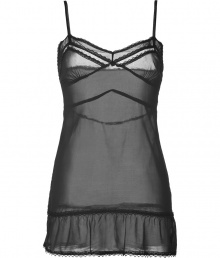 Seductive camisole dress in fine, black stretch silk - From acclaimed lingerie desinger Kiki de Montparnasse - Elegant sheer material with decorative accent stitching - Thin spaghetti straps - Sweet ruffled hem - Loose dress is also body-hugging - Sophisticated and sexy at the same time