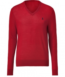 Radiant in red merino wool, Ralph Laurens V-neck pullover is a great basic for this season and next - Embroidered logo, V-neckline, long sleeves, fine ribbed trim - Contemporary slim fit - Wear over shirts or tees with jeans, cords or chinos