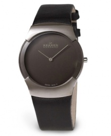 Minimalist design for a prestigious look. This Skagen Denmark watch features a black Italian leather strap and polished stainless case. Mirrored bezel. Gray dial with logo and hardened mineral crystal. Quartz movement. Water resistant to 30 meters. Limited lifetime warranty.