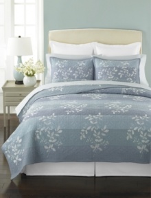 Style is in the details. Featuring sophisticated, carved quilting and embroidered silver leaves, Martha Stewart Collection's Silhouette Stripe quilt layers on the luxury. Reverses to solid quilting with embroidery.