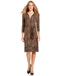 Channeling exotic style from deep in the jungle, this MICHAEL Michael Kors dress offers up a bold mix of animal prints paired with an alluring lace-up neckline. Add it to your work-wear rotation by pairing it with classic pumps for a polished touch.