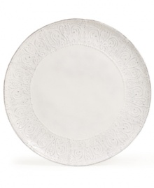 Get a feel for French style with the delicately embossed Blanc Colette dinner plate from Versailles Maison. Romantic scrolling vines encircle rustic earthenware with a simple white glaze and irresistible charm.