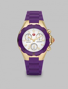 From the Tahitian Jelly Bean Collection. This technical timepiece features a radiant goldtone stainless steel case with a sporty silicone strap. Swiss quartz movementWater resistant to 5 ATMRound goldtone stainless steel case, 40mm (1.5) Enamel logo bezelWhite chronograph dialNumeric hour markersDate sub-dialSecond hand Purple silicone strapImported