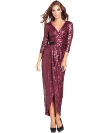 Go for all out glam with Jessica Simpson's sequined gown, gathered at the hip with a beaded embellishment and split at the front hem for a sexy silhouette.