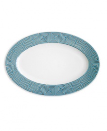 Dress up your table any day of the week with the dishwasher-safe and fabulously stylish Greek Key platter. Jonathan Adler gives the ancient pattern a bold, modern feel in teal blue, bright white and shimmering platinum.