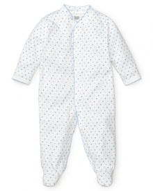 A blue polka dot footie with a snap front and contrast scalloped edge trim.