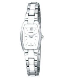 Unparalleled elegance ideal for unforgettable occasions, by Pulsar. Crafted of stainless steel bracelet with white enamel inlays and rounded rectangular case. White dial features silver-tone Roman numeral and logo at twelve o'clock, applied stick indices, and hour and minute hands. Quartz movement. Water resistant to 30 meters. Three-year limited warranty.