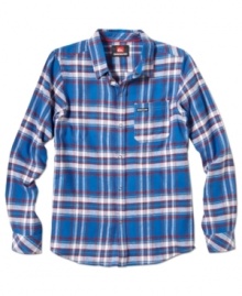 Deep blue. The bright pop of this Quiksilver plaid shirt will add a modern edge to his outfit.