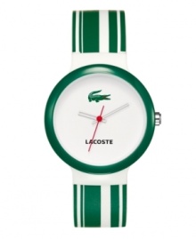 Strikingly simple, the Goa watch features iconic Lacoste colors. Green and white striped silicone strap and round white plastic case with green bezel. White enamel dial features text logo, iconic green crocodile logo and red second hand. Quartz movement. Water resistant to 30 meters. Two-year limited warranty.