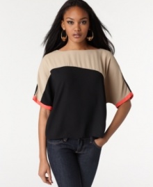 Go graphic in this colorblocked Rachel Rachel Roy boxy blouse -- neon trim adds a pop of pep!