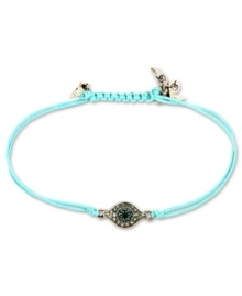 Eye your new favorite bracelet. This RACHEL Rachel Roy bracelet showcases an evil eye charm with glass stone accents. An adjustable aqua waxed cotton cord holds it all together. Set in silver tone mixed metal. Approximate diameter: 5/8 inch. Adjustable from 1 inch to 7-1/4 inches.