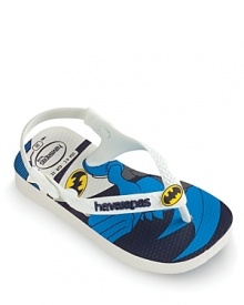 Holy cuteness, Batman! These Havaianas sandals feature the bat signal and a dramatic swoosh of the hero's cape. The heel strap keeps them securely on.