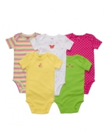 Butterflies, flowers and polka dots-this five-pack of bodysuits from Carters has all the prints that will make her look like one stylish little girl.