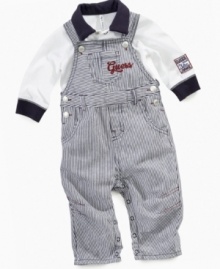 Give your little guy slick stripes to up his cute quotient with this adorable shirt and overall set from Guess.