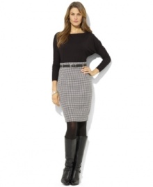 Lauren Ralph Lauren's chic, wear-anywhere staple is rendered in form-fitting stretch jersey with batwing sleeves and an eye-catching houndstooth print for modern appeal.