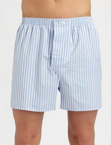 Elasticated boxer shorts, shaped in lightweight, satin-striped cotton for the classic gentleman of style.Elastic waistbandAdjustable button-flyInseam, about 4CottonMachine washImported