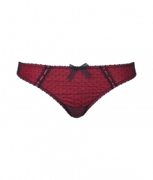 Get the sultry glamorous look of a vintage 1950s pin up girl in Von Follies by Dita Von Teeses black and luxury red spotted stretch mesh thong - Sheer black hail spot stretch mesh over luxury red front, tonal laced satin detail, sheer mesh back - Thong back - Wear with the matching contour bra for a seriously seductive look