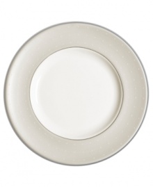 Lend salads, desserts or any appetizer a delicate sheen of style. From innovative designer Monique Lhullier's collection of dinnerware and dishes, it features a pearlescent border with glossy raised dots and a fine stitch-like pattern.