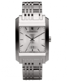 This Burberry timepiece features a check-inspired stainless steel bracelet and rectangular case. Silvertone dial with stick indices, date window and logo, Swiss made. Quartz movement. Water resistant to 50 meters. Two-year limited warranty.