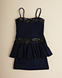 Light ruffles and tonal sequin trim lend a quiet elegance to Flowers by Zoe's tank-top dress.