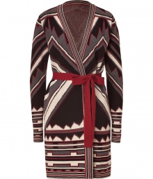 Wrap yourself up in trend-right style in this luxe tribal printed cardigan from Just Cavalli - V-neck, long sleeves, self-tie waist belt, all-over tribal-inspired print - Pair with a cashmere pullover, skinny corduroys, and lace up booties