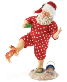 Stuck on Santa! Santa can't seem to get that crab off of his toe. This figurine adds a bit of humor to your collection of Christmas decorations. Display it year after year.