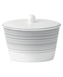 Band together around dinnerware that's equally suited for every day and entertaining. Clean lines and shades of gray in white bone china define the Islington sugar bowl with easy sophistication. From Royal Doulton.