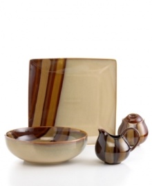 In square and round stoneware, the Avanti Brown completer set from Sango's collection of dinnerware and dishes combines contemporary design and handcrafted charm. Brushed earth tones awash in reactive glaze give your table a warm, inviting glow.