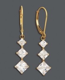 Illuminate your look with face-framing drops. Three, square-cut cubic zirconias (4-1/3 ct. t.w.) dangle from a polished, 14k gold, leverback setting. Approximate drop: 1-1/2 inches.