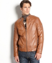 Macy's exclusive: Hugo Boss Orange updates the bomber with luxe lambskin leather and a shoulder yoke that adds an air of moto jacket style.