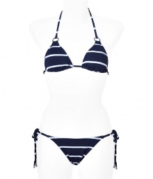 Stylish bikini in fine, synthetic fiber blend - Elegant and on-trend navy and white stripe motif, silver ring hardware - Especially comfortable and flattering, thanks to a generous touch of stretch - Triangular halter top with adjustable cups ties at back and nape of neck - String brief ties at hips, offers modest coverage at rear - Sexy and sophisticated, a must for you next vacation or beach getaway - Wear solo or layer beneath a caftan and wedge sandals