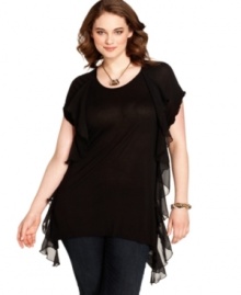 Lend a feminine feel to your causal style with Seven7 Jeans' short sleeve plus size top, accented by chiffon ruffles.