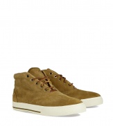 A preppy-cool boat shoe-inspired aesthetic informs these ultra versatile suede sneakers from Polo Ralph Lauren - Round toe, tonal stitching, lace-up front with leather cord, contrasting rubber sole, back leather logo panel - Style with straight leg jeans, chinos, or shorts