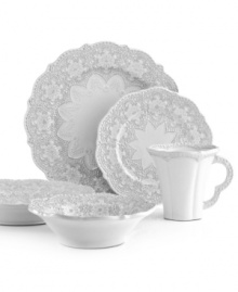 Handcrafted in the Italian tradition, the Merletto place setting is intricately embellished with a lacy floral texture and painted a creamy antique white. An elegant companion to Arte Italica dinnerware.