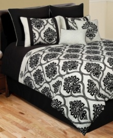 Elegance defined, in black and white. Feel the allure of this Channing Flocked comforter set, showcasing intricate flourish designs and simple solids for a stunning presentation.