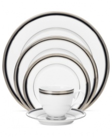 An instant classic, the Austin Platinum place setting from Noritake layers ribbons of black with patterned platinum bands and shimmering dots. White porcelain grounds the timeless dinnerware, a flawless choice for fine occasions.