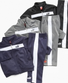 The high-performance tricot material on this track jacket and pants set from Puma ensures your little one's outfit keeps cute through multiple washes.