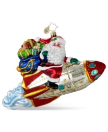 Out of this world. Santa spreads holiday cheer beyond the globe in Christopher Radko's Fly My to the Moon ornament, featuring mouth-blown, hand-painted glass crafted with extraordinary detail.