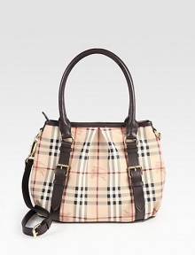 The signature check defines this structured canvas design, finished with ultra-rich leather trim. Double leather top handles, 8 dropAdjustable detachable leather shoulder strap, 19½-21 dropSnap top closureOne zipper compartmentOne inside zip pocketTwo inside open pocketsCotton and leather lining14½W X 14H X 4DMade in Italy