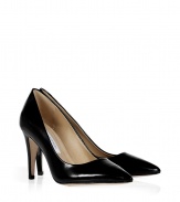 Strikingly sultry, these classic patent pumps from Diane von Furstenberg transition effortlessly from day to night - Pointed toe, mid-length high heel, shiny patent leather - Style with slim jeans and a silk blouse or a sleek cocktail sheath