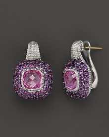 Cushion-cut pink corundums sparkle against pave amethyst in a beautiful sterling silver settings. By Judith Ripka.