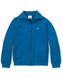 A plush zip-front sweatshirt from Lacoste in bold blue with a signature crocodile logo.