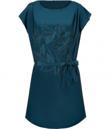 Feminine dress in fine, blue-green silk - Fashionable, slim tunic cut with round neck and flutter short sleeve - Features elegant embroidered front, and figure-flattering waist belt with bow - Sexy mini-length - Perfect dress to pack for vacation - Wear with wedges, thongs or cork sandals